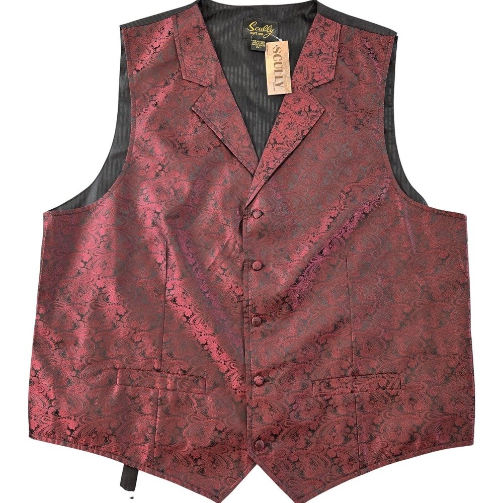 Scully Vest Mens 2XLT Red Paisley Satin Lined Collared Belted Quilted Formal